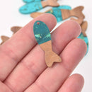 2 Turquoise Fish Charms, Gold Flakes with Resin and Real Wood, 1.5", chs7938