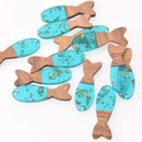 2 Turquoise Fish Charms, Gold Flakes with Resin and Real Wood, 1.5", chs7938