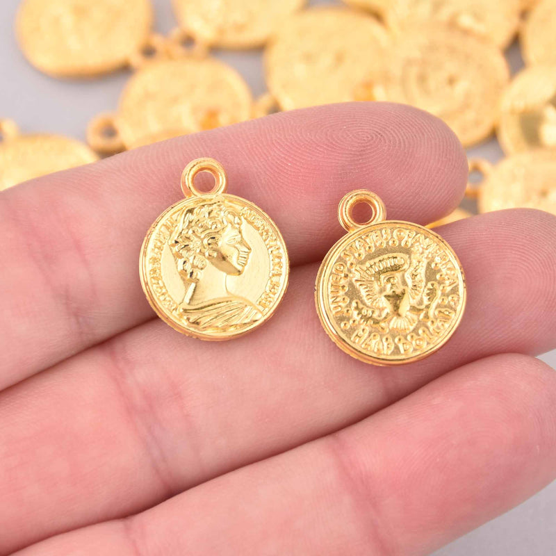 25 Coin Charm Pendants, plastic gold, 20mm, chs7939