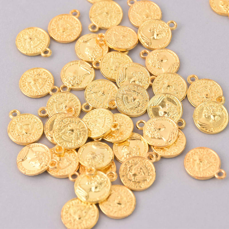 25 Coin Charm Pendants, plastic gold, 20mm, chs7939