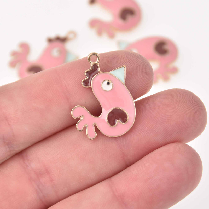 4 Pink Chicken Charms Gold Plated with Enamel, chs7941