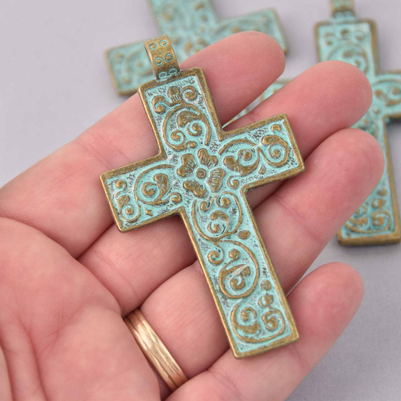 1 Large CROSS Charm Pendant, bronze with blue green verdigris patina, 3" long, chs7942