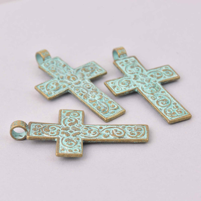 1 Large CROSS Charm Pendant, bronze with blue green verdigris patina, 3" long, chs7942