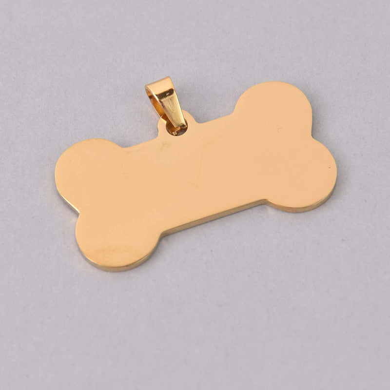 Gold Bone Charm, Stainless Steel Pet Tag, 1.5" wide, chs7945