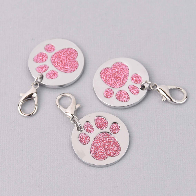 Light Pink Pet Tag Charm, Glitter Enamel Paw Print with Silver Plate, 25mm, chs7946