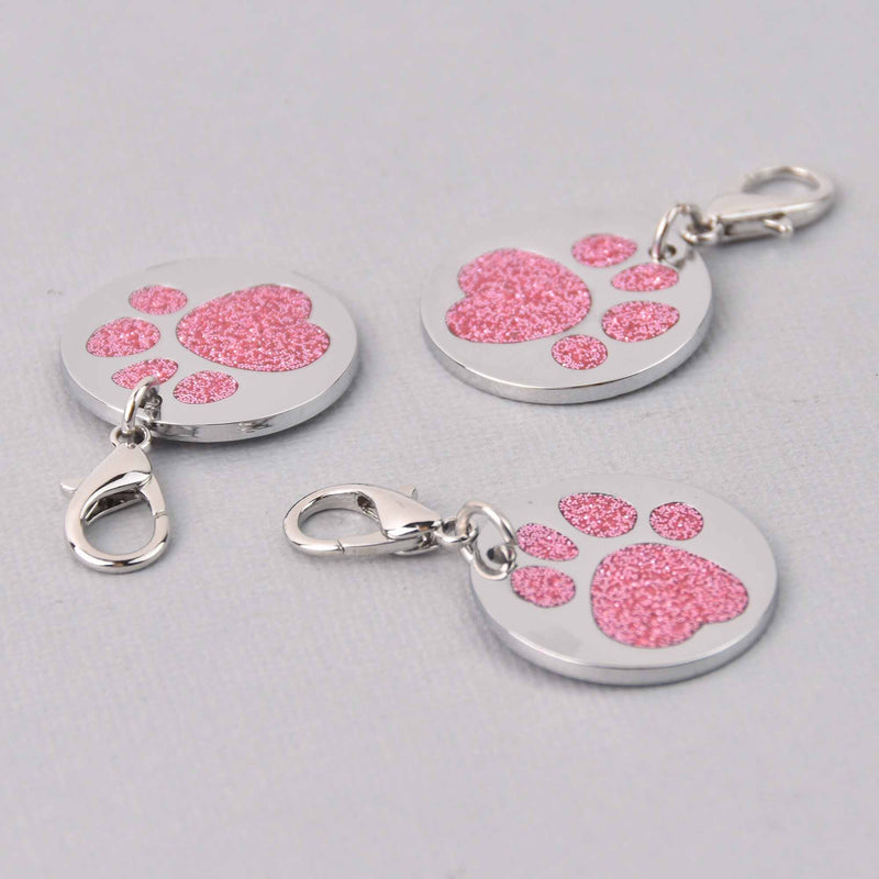 Light Pink Pet Tag Charm, Glitter Enamel Paw Print with Silver Plate, 25mm, chs7946