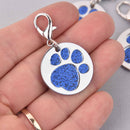 Blue Pet Tag Charm, Glitter Enamel Paw Print with Silver Plate, 25mm, chs7947