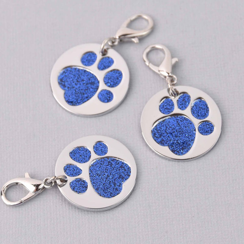Blue Pet Tag Charm, Glitter Enamel Paw Print with Silver Plate, 25mm, chs7947