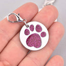 Hot Pink Pet Tag Charm, Glitter Enamel Paw Print with Silver Plate, 25mm, chs7948