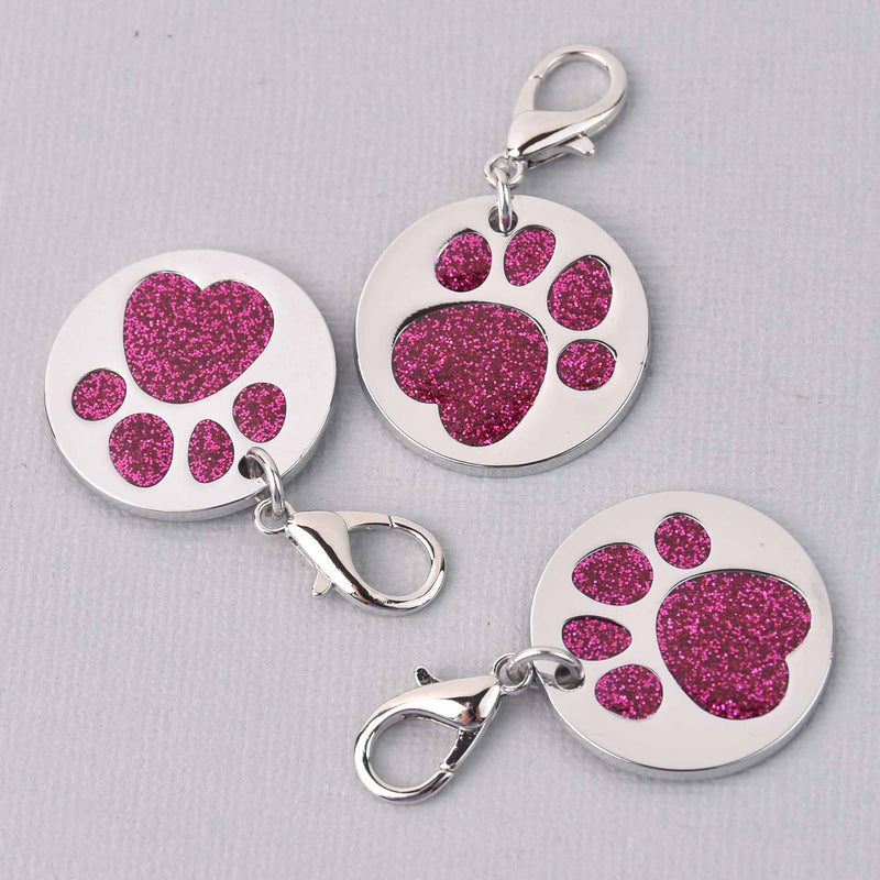 Hot Pink Pet Tag Charm, Glitter Enamel Paw Print with Silver Plate, 25mm, chs7948