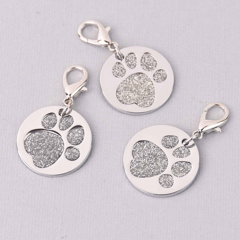 Silver Pet Tag Charm, Glitter Enamel Paw Print with Silver Plate, 25mm, chs7949