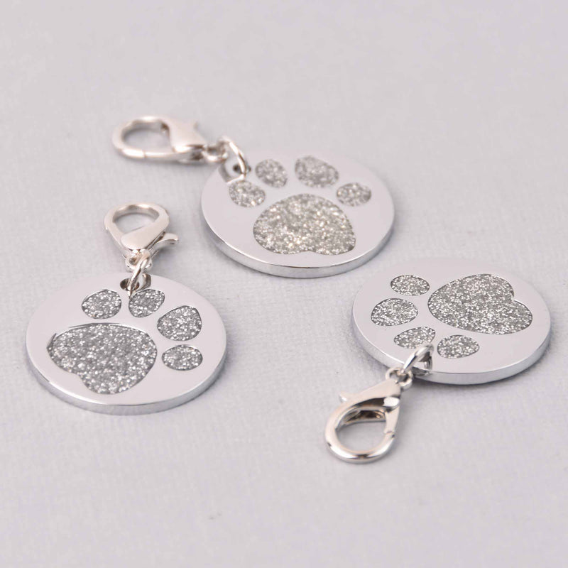 Silver Pet Tag Charm, Glitter Enamel Paw Print with Silver Plate, 25mm, chs7949