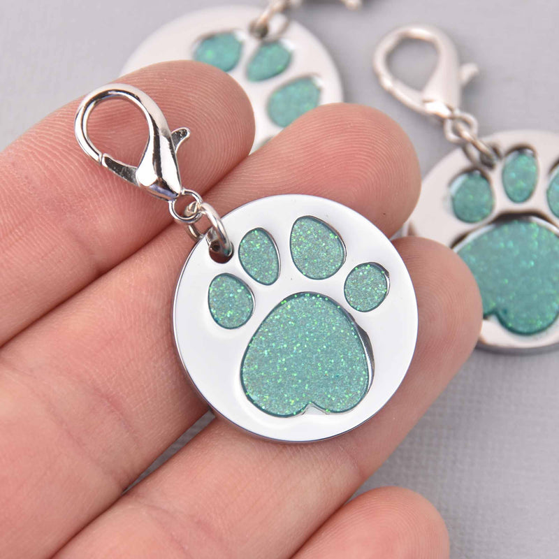 Teal Pet Tag Charm, Glitter Enamel Paw Print with Silver Plate, 25mm, chs7950