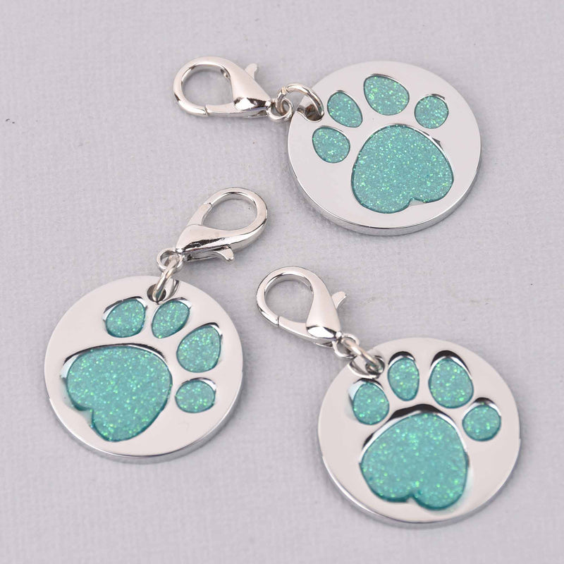 Teal Pet Tag Charm, Glitter Enamel Paw Print with Silver Plate, 25mm, chs7950