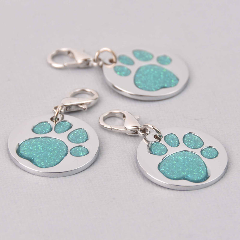 Teal Pet Tag Charm, Glitter Enamel Paw Print with Silver Plate, 25mm, chs7950