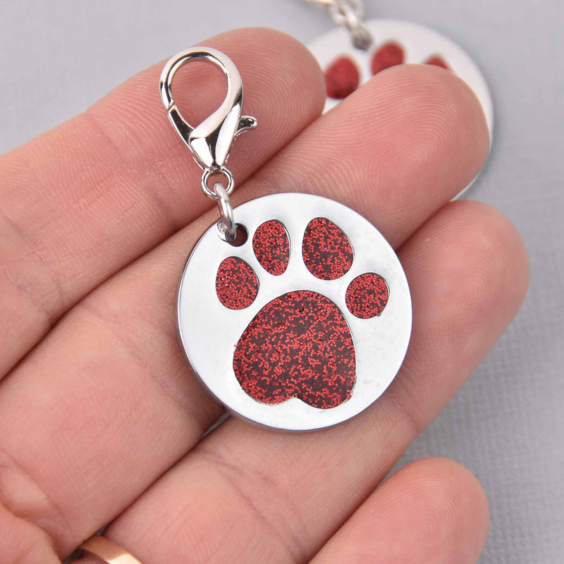 Red Pet Tag Charm, Glitter Enamel Paw Print with Silver Plate, 25mm, chs7951