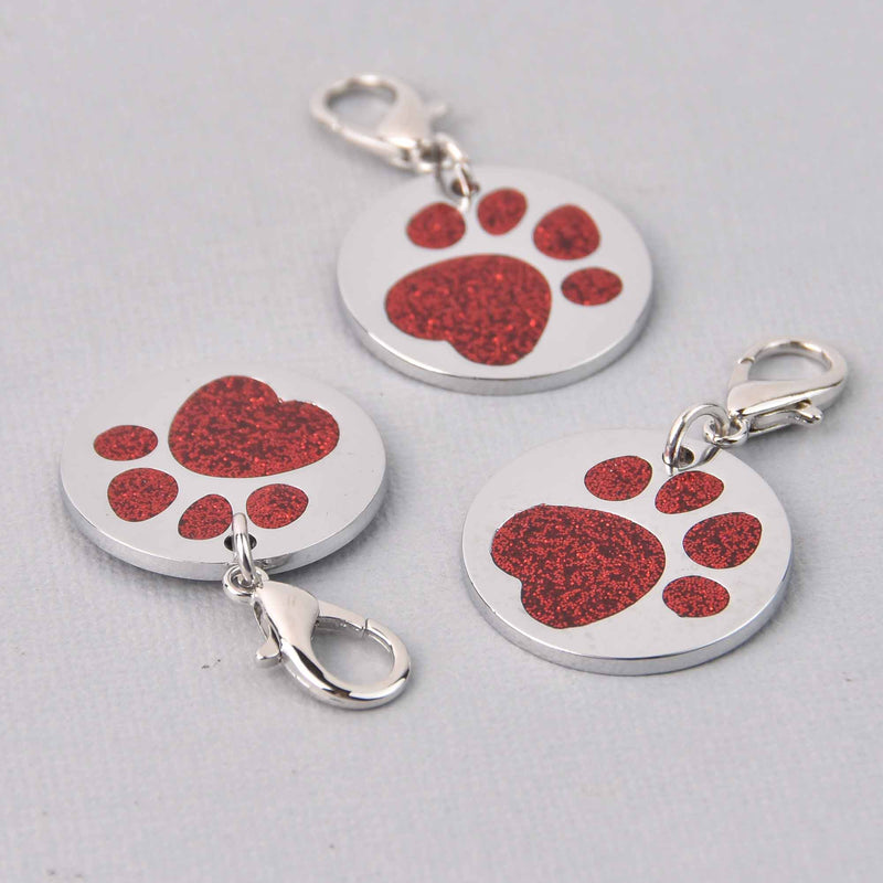 Red Pet Tag Charm, Glitter Enamel Paw Print with Silver Plate, 25mm, chs7951