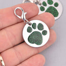 Green Pet Tag Charm, Glitter Enamel Paw Print with Silver Plate, 25mm, chs7952