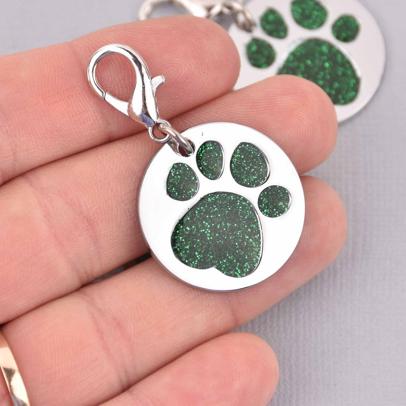 Green Pet Tag Charm, Glitter Enamel Paw Print with Silver Plate, 25mm, chs7952