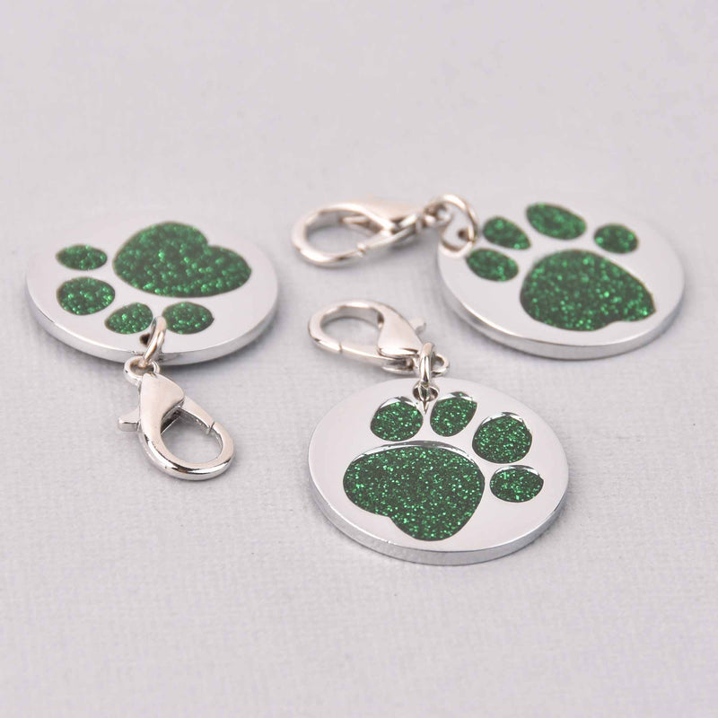 Green Pet Tag Charm, Glitter Enamel Paw Print with Silver Plate, 25mm, chs7952