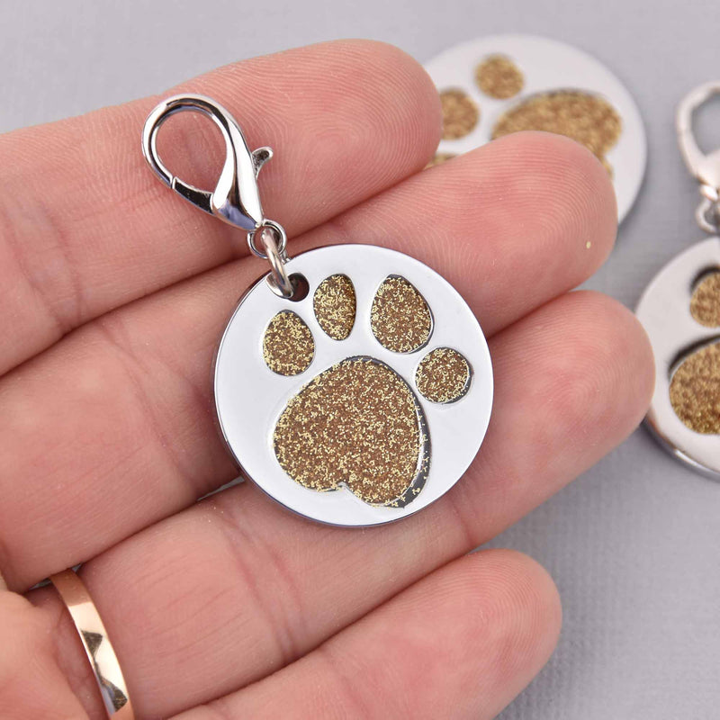 Gold Pet Tag Charm, Glitter Enamel Paw Print with Silver Plate, 25mm, chs7953