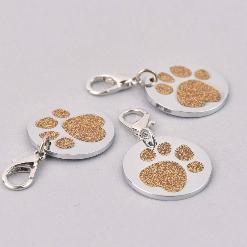 Gold Pet Tag Charm, Glitter Enamel Paw Print with Silver Plate, 25mm, chs7953