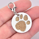 Gold Pet Tag Charm, Glitter Enamel Paw Print with Silver Plate, 25mm, chs7953