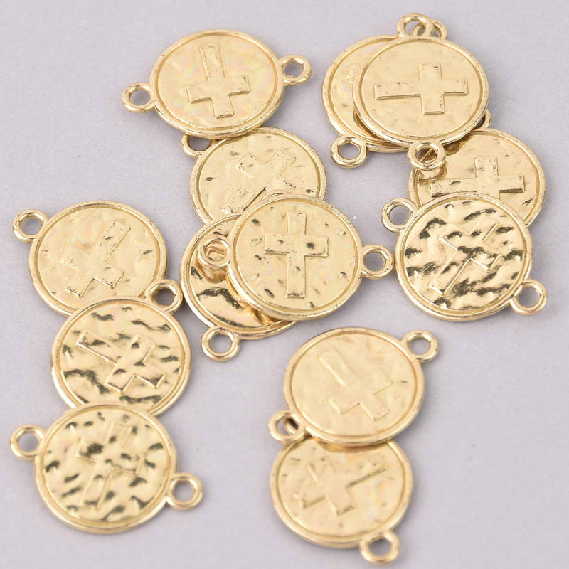 10 Light Gold Coin Relic Charm Pendants, Cross with wax seal, connector, chs7954