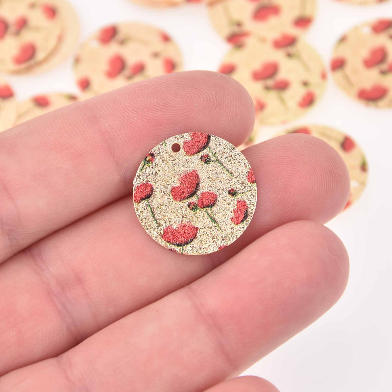 5 Red Poppy Flower Charms, Gold Circle with Enamel chs7957