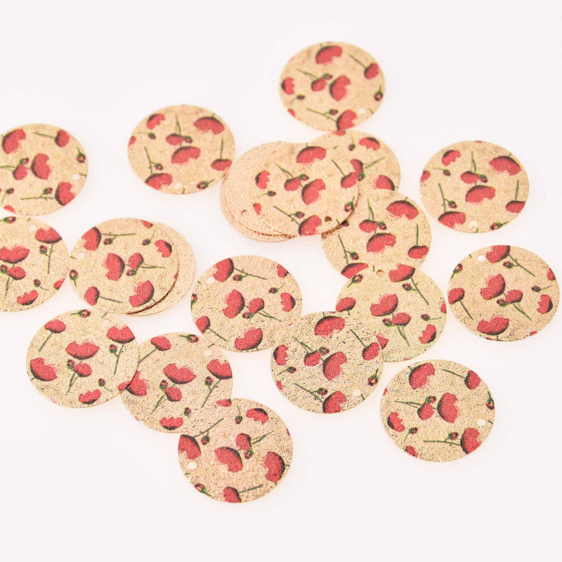 5 Red Poppy Flower Charms, Gold Circle with Enamel chs7957