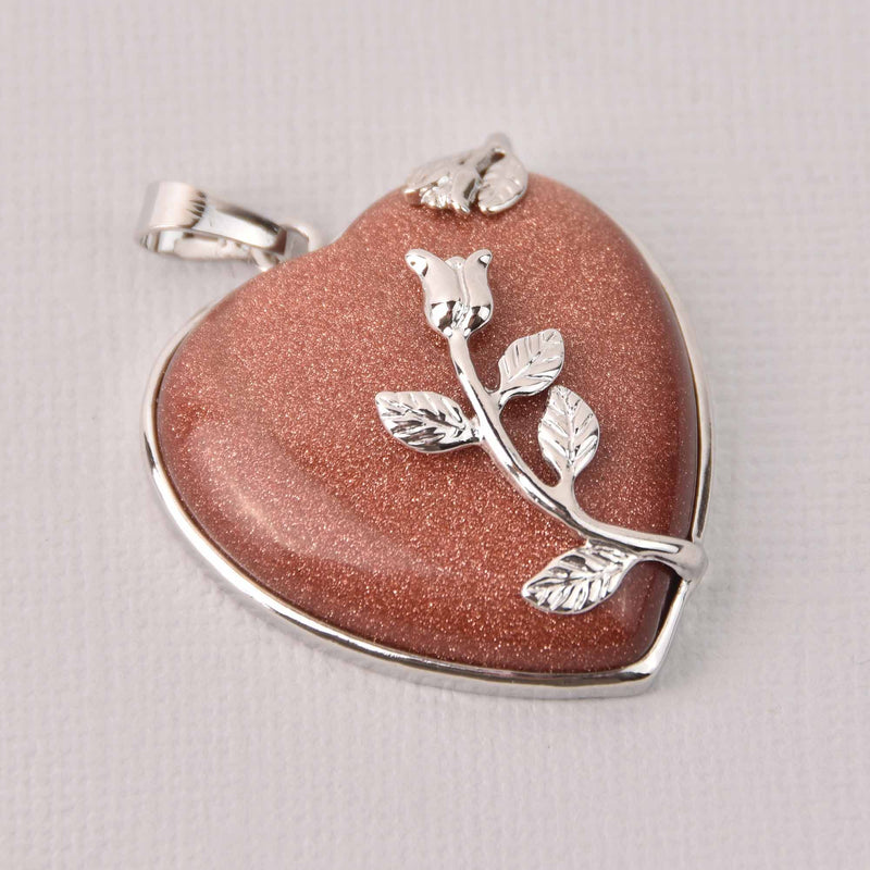 1 Goldstone Heart Charm, Stone with silver, 32mm, chs7970