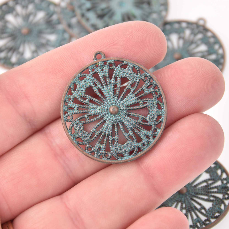 5 Copper Patina MANDALA Charms, blue verdigris, 33mm, chs7972