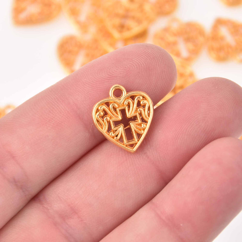 6 Gold or Silver Filigree Cross Charms, Heart, 16mm