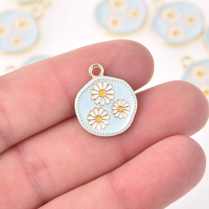 4 Blue Flower Charms, Gold with Enamel, chs7975