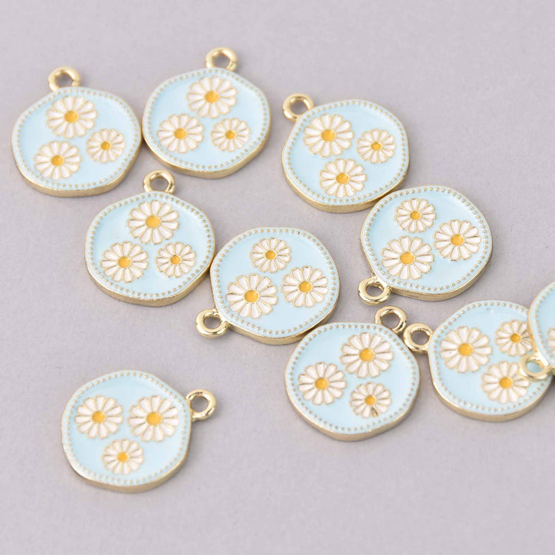 4 Blue Flower Charms, Gold with Enamel, chs7975