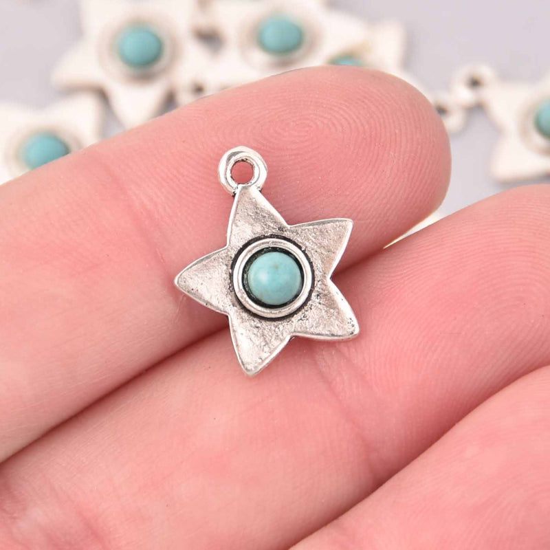 6 Faux Turquoise Star Charms, silver, 17mm, chs7976