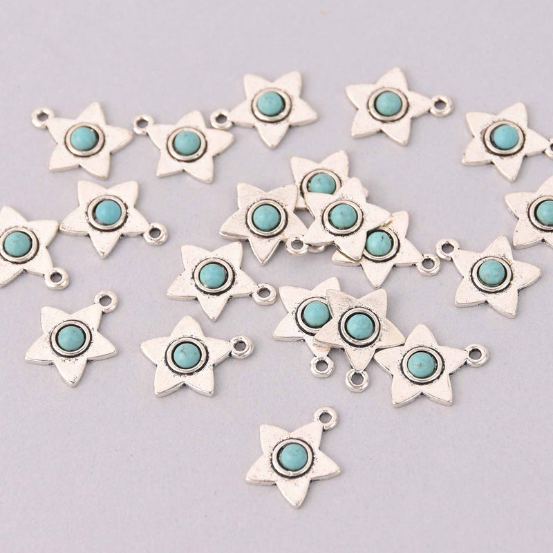 6 Faux Turquoise Star Charms, silver, 17mm, chs7976