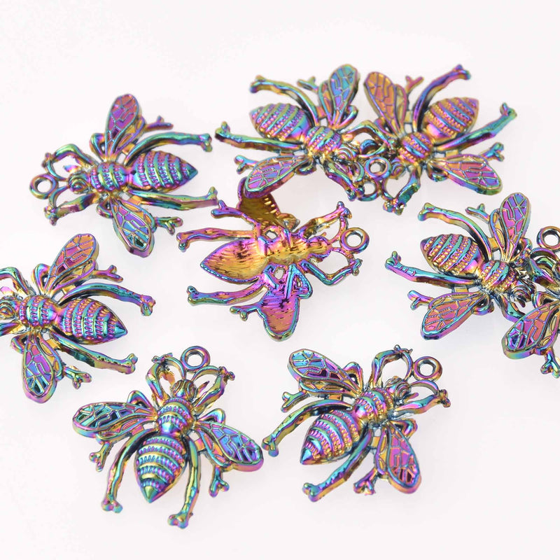 2 Bee Charms, Rainbow Patina Hammered Metal, chs7982