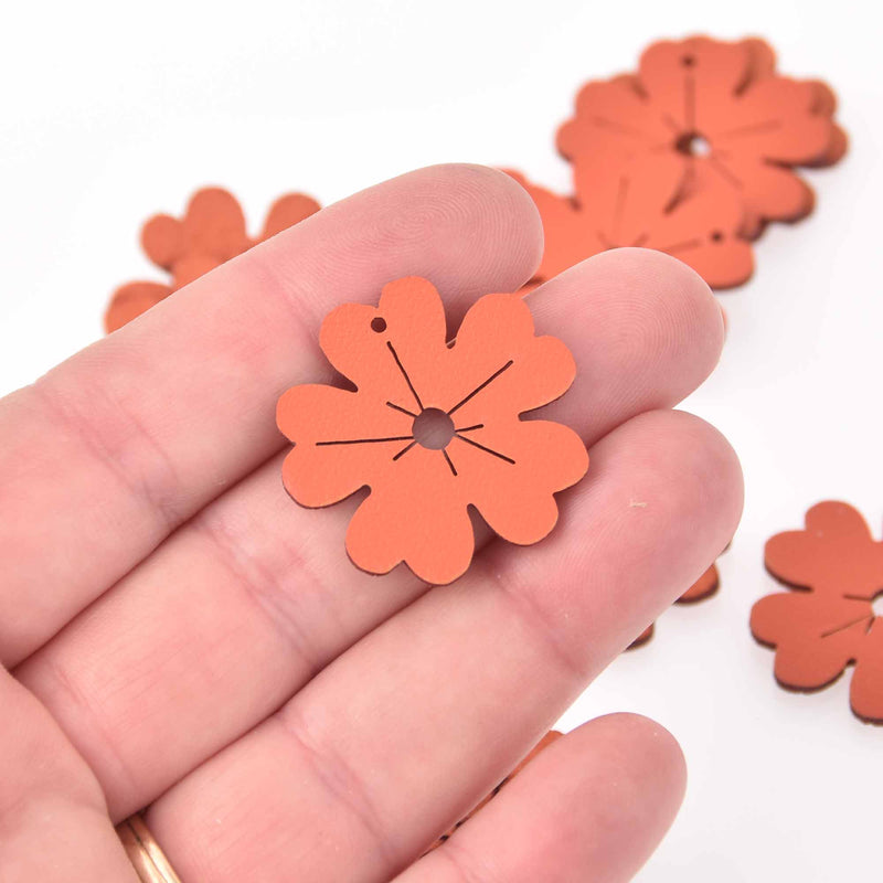 10 Red Faux Leather Charms, FLOWER, vegan leather, 1-1/8" long, chs7984