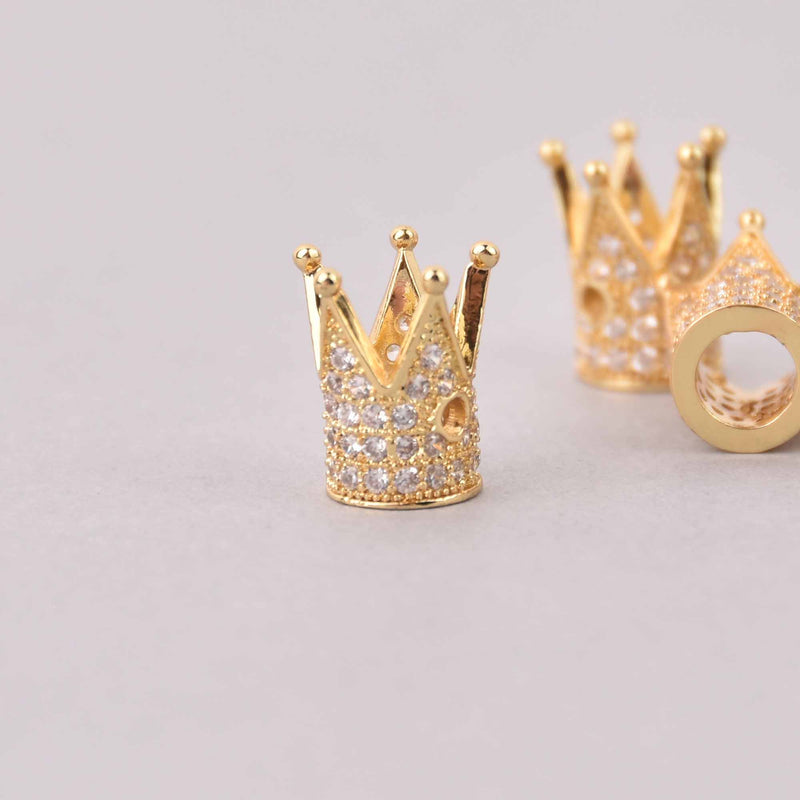 2 Gold Crown Beads, Micropave Charms, CZ, 12x8mm, chs7988