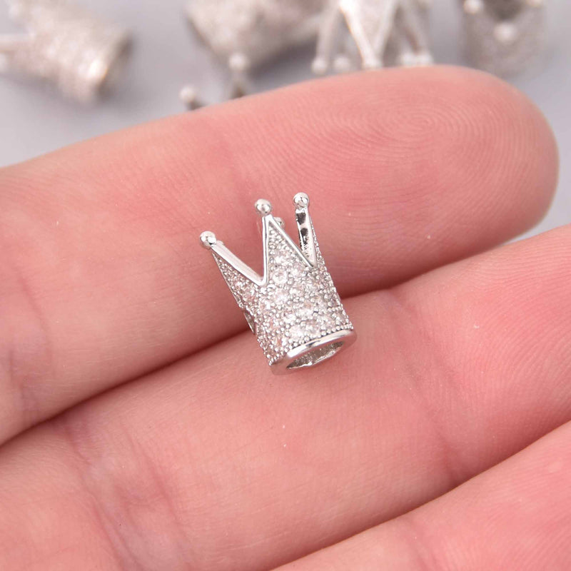 2 Silver Crown Beads, Micropave Charms, CZ, 12x8mm, chs7989