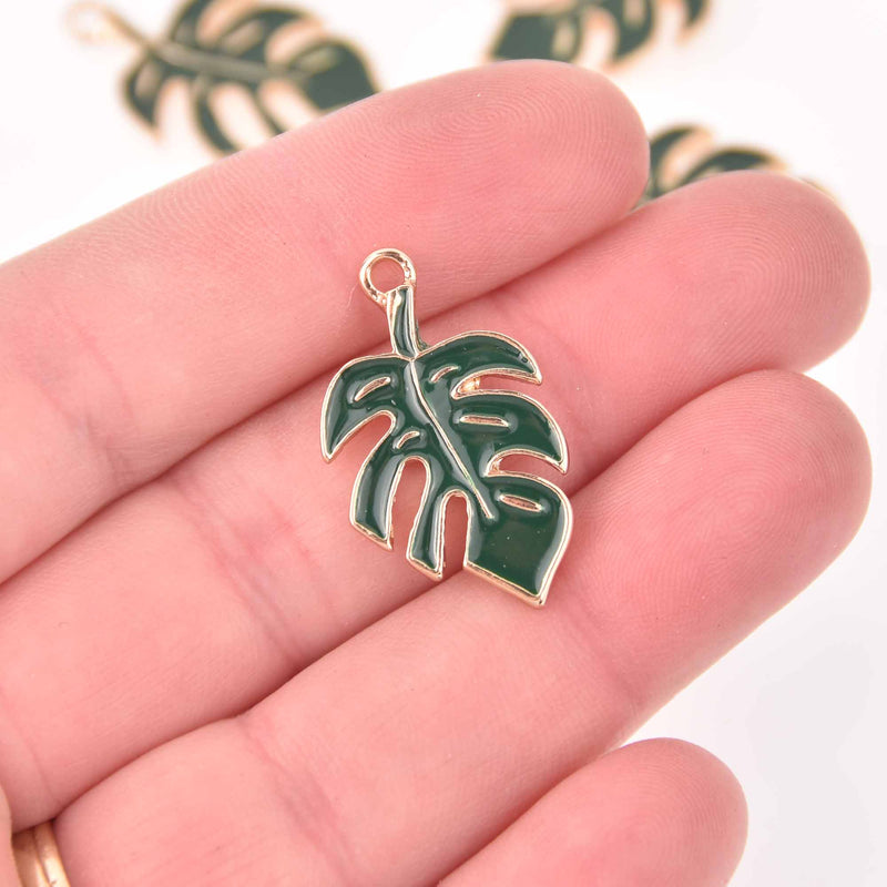 4 Green Monstera Leaf Charms, Gold with Enamel, 29mm, chs7991