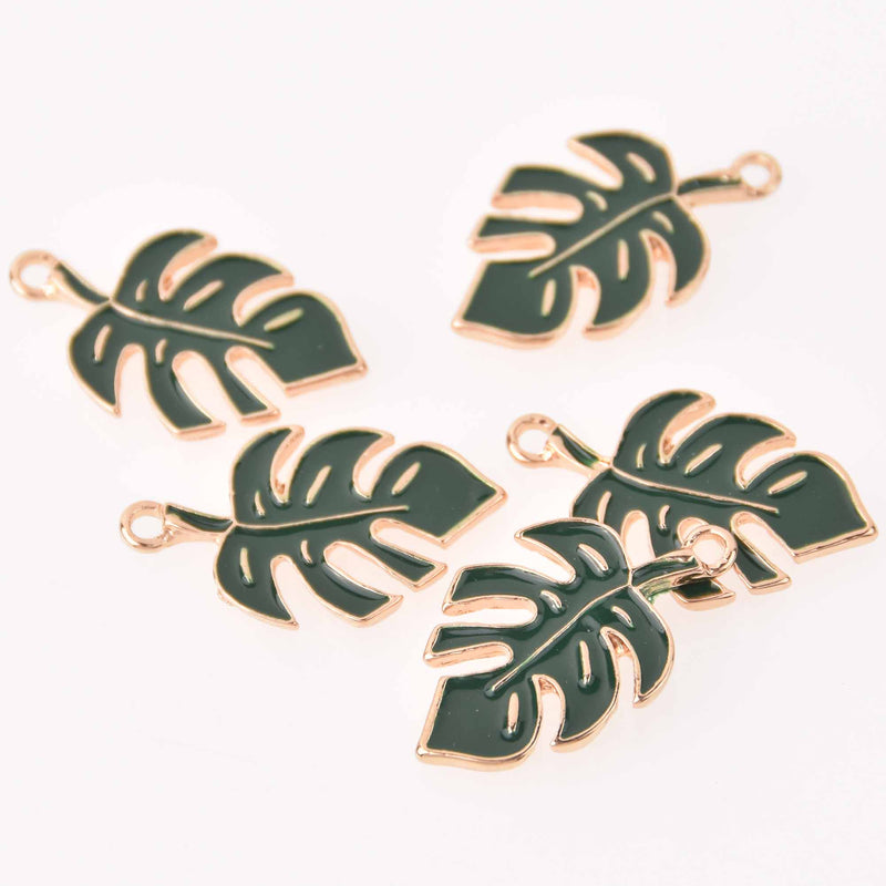 4 Green Monstera Leaf Charms, Gold with Enamel, 29mm, chs7991