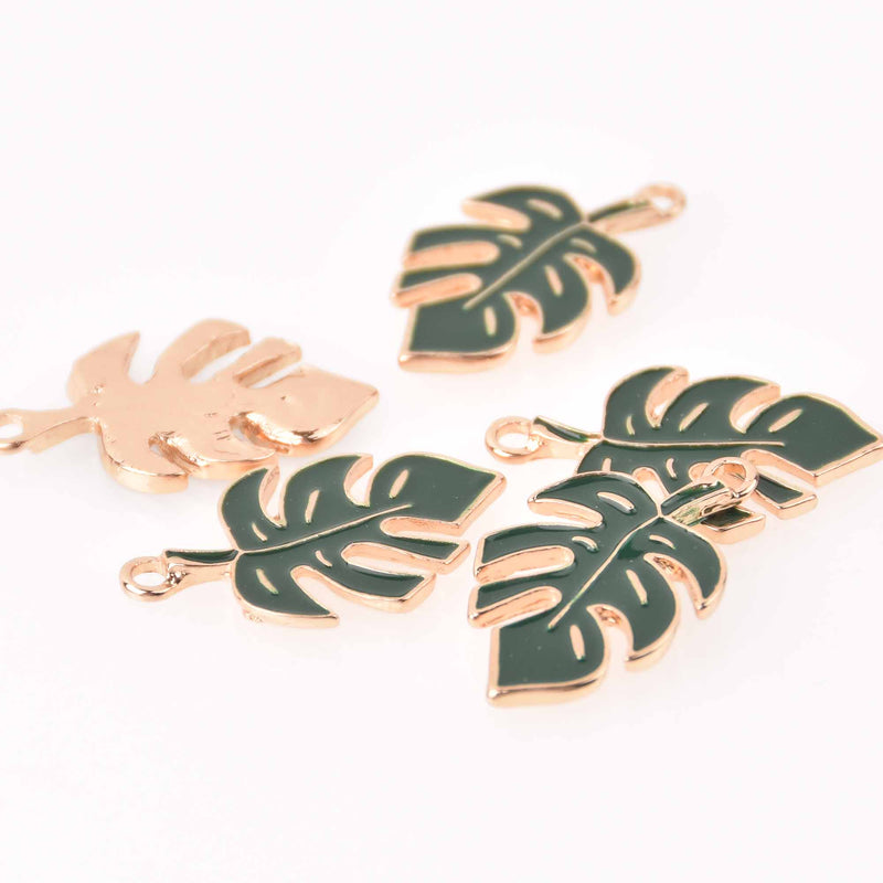 4 Green Monstera Leaf Charms, Gold with Enamel, 29mm, chs7991