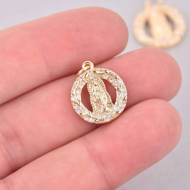 1 Gold Religious Medal Charms, Micro Pave CZ Cubic Zirconia, 15mm, chs7995
