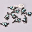 4 Heart Charms, turquoise chips with black crystals, 25mm, chs7996