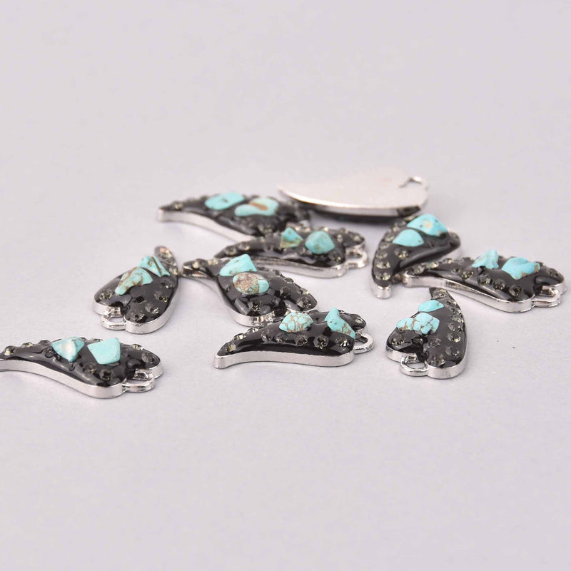 4 Heart Charms, turquoise chips with black crystals, 25mm, chs7996