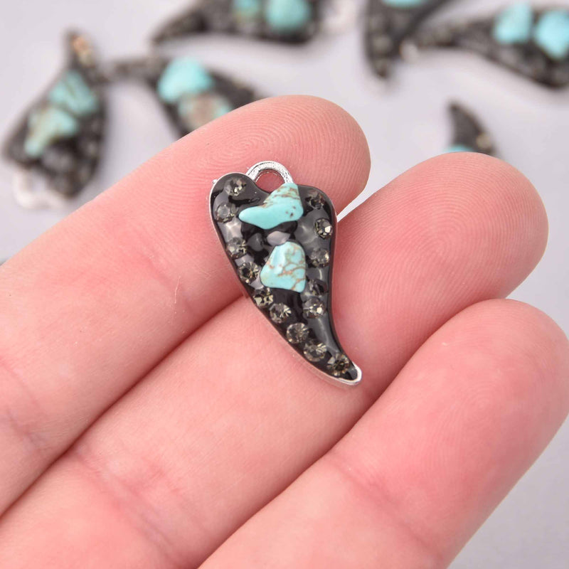 4 Heart Charms, turquoise chips with black crystals, 25mm, chs7996