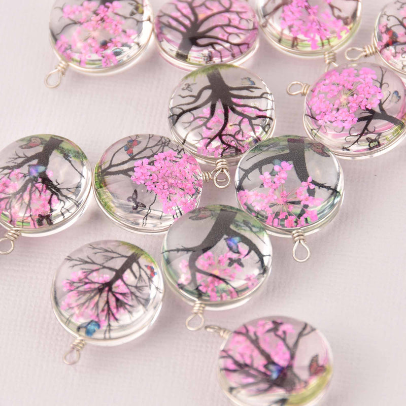 2 Pink Pressed Flower Charms, Silver Loop with Glass, Real Flowers chs8012