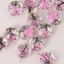 2 Pink Pressed Flower Charms, Silver Loop with Glass, Real Flowers chs8012